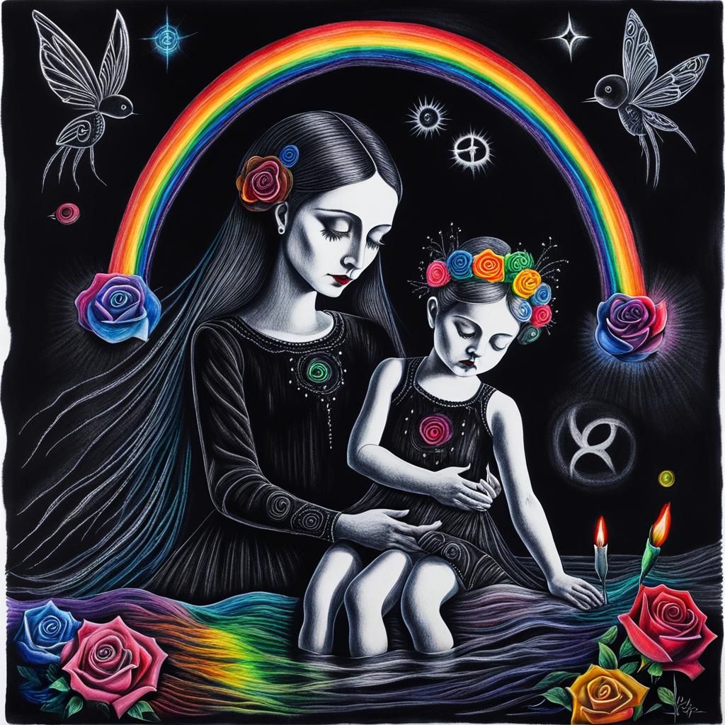 Surreal Crayon Drawing: Goth Mother and Child
