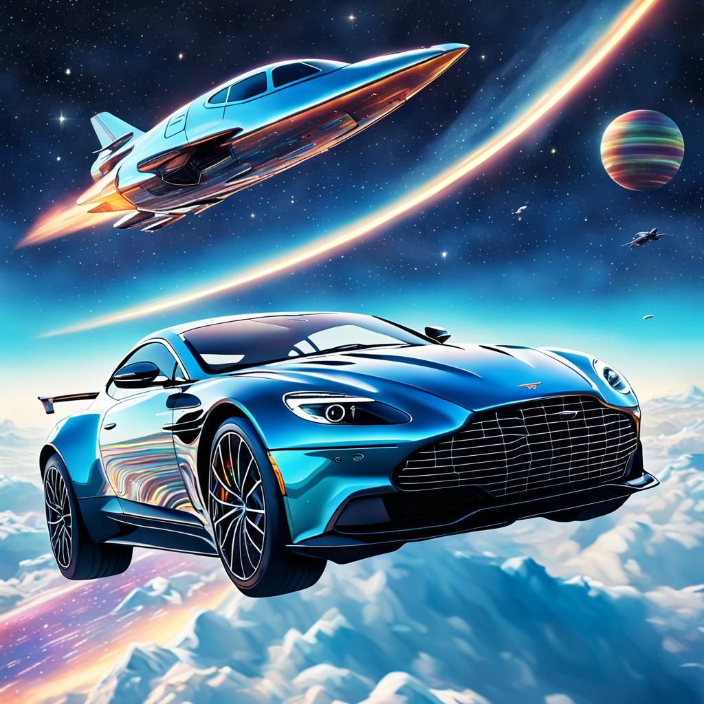 Aston Martin and Spaceship in Flight