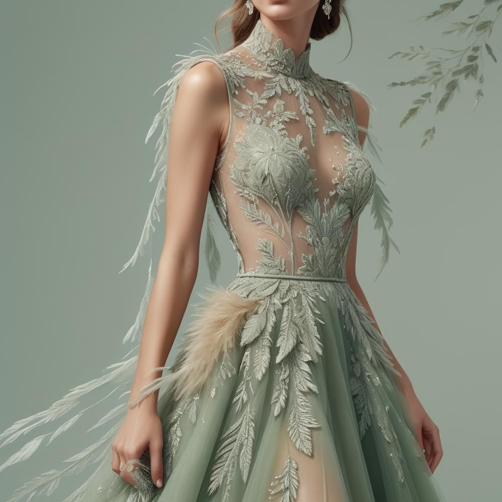 Sage Green Embroidered Lace Gown: Digital Fashion Art