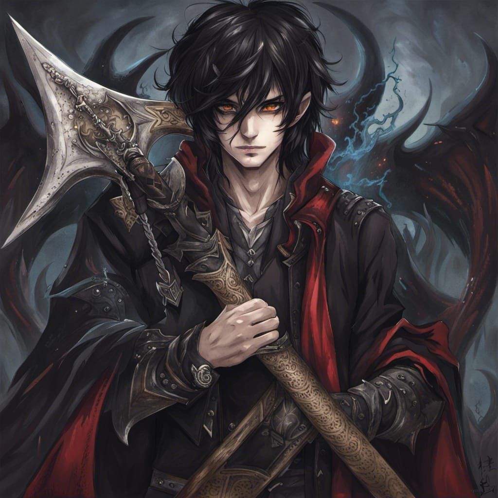 Anime Gothic Art: Dark-Haired Man with Demon Axe