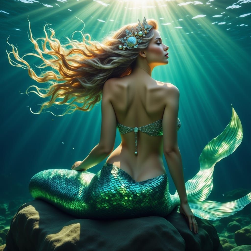 Beautiful Mermaid with Emerald Hair and Seashell Crown