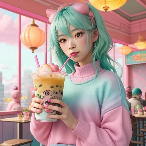Girl with Boba Tea, Matte Painting in Whimsical Style