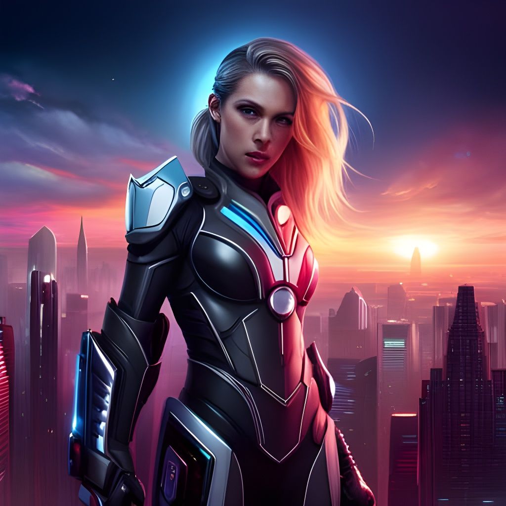 Girl in Techno-Suit in Cyberpunk City