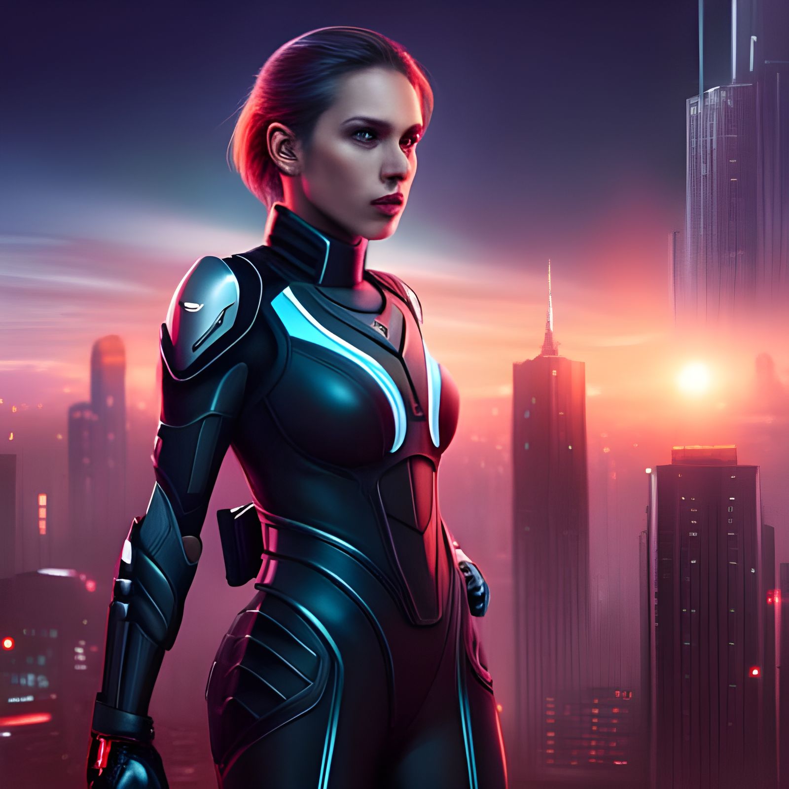 Girl in Techno-Suit in Cyberpunk City