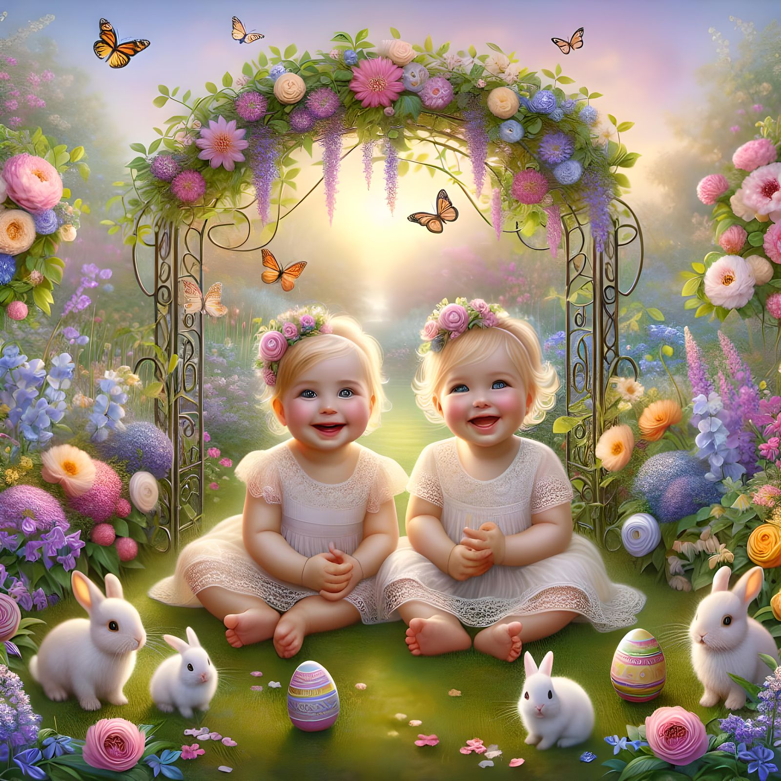 Babies in Floral Garden with Bunnies and Butterflies