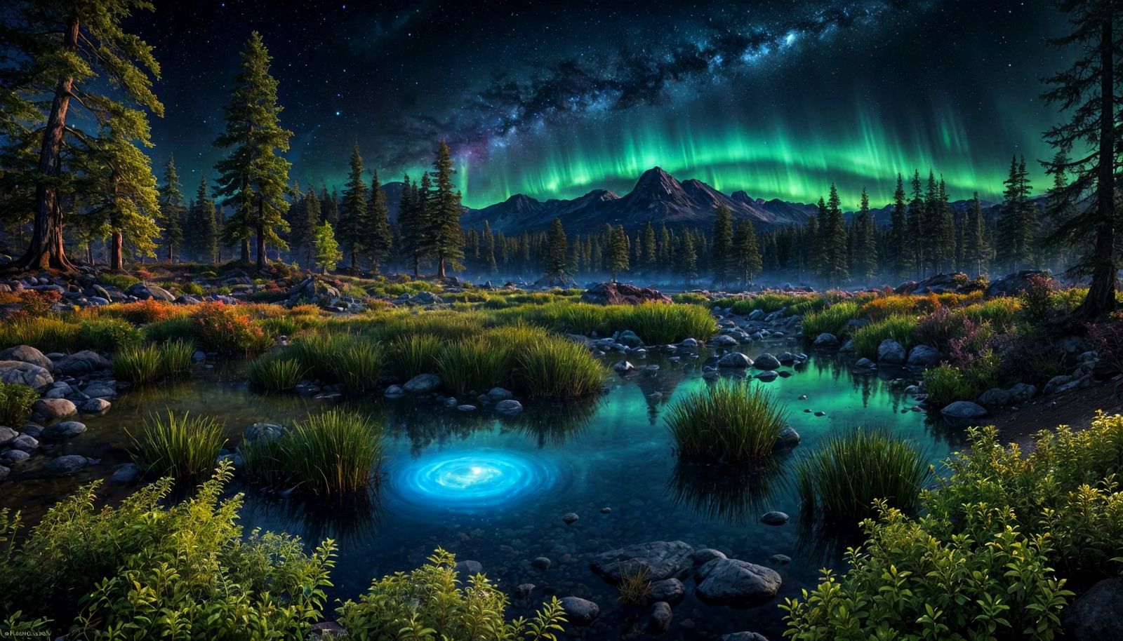 Bioluminescent Alien Landscape Under Aurora Sky