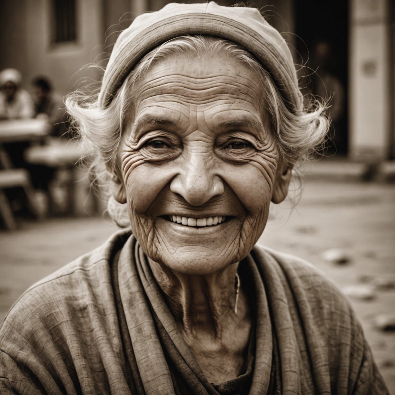 Joyful Wrinkled Face in Sepia Monochrome Photography