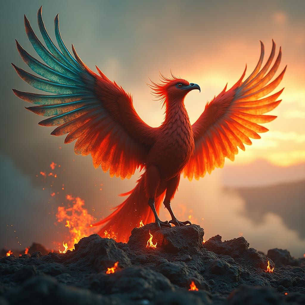 Majestic Phoenix Rising from Ashes in Fantasy Style