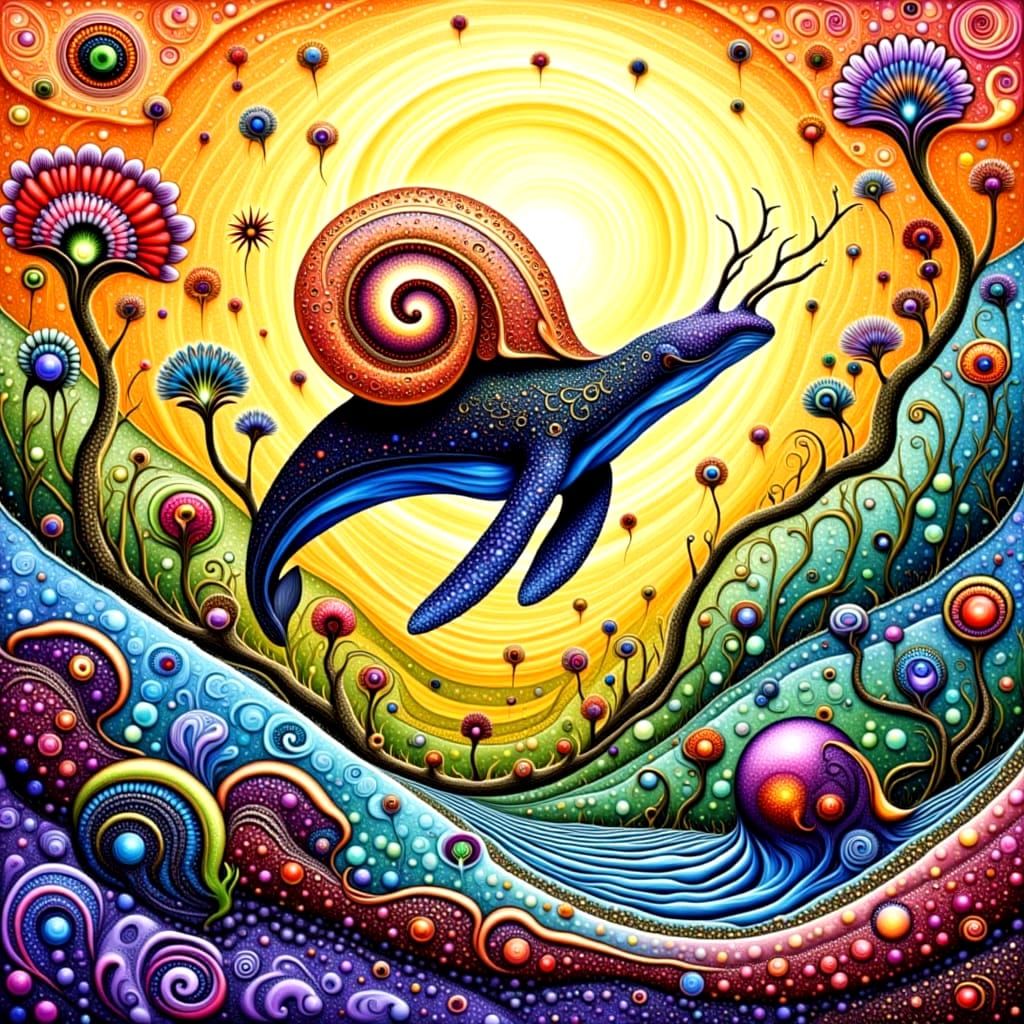 Intricate Snail Whale Surreal Sunset Ocean Vista