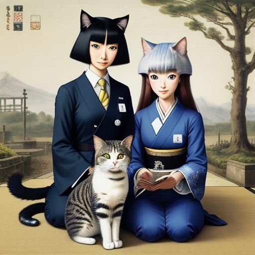 Futuristic Cat Medical System in Ukiyo-e Style