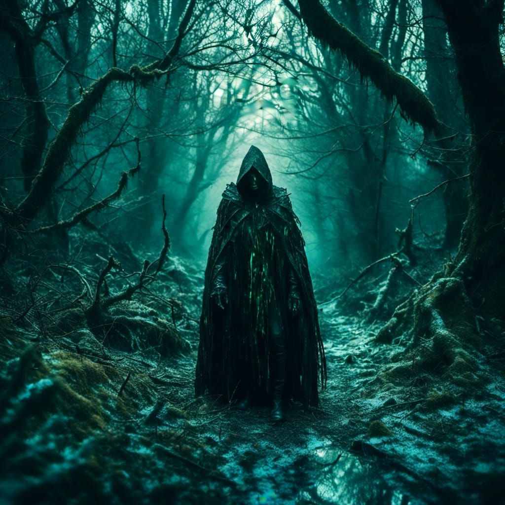 dark elf rogue, cloaked in shadows, sneaking through a forbidden forest