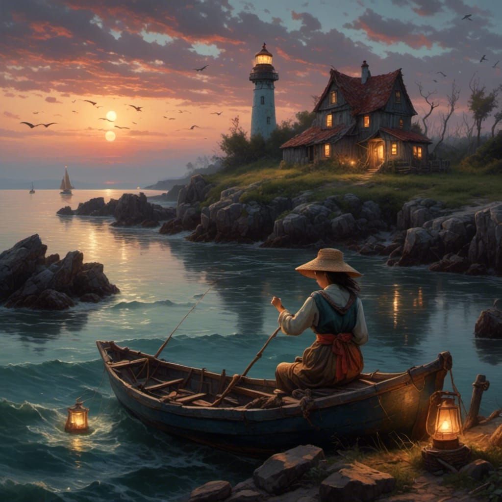 Coastal Fishing Scene at Dusk with Lighthouse