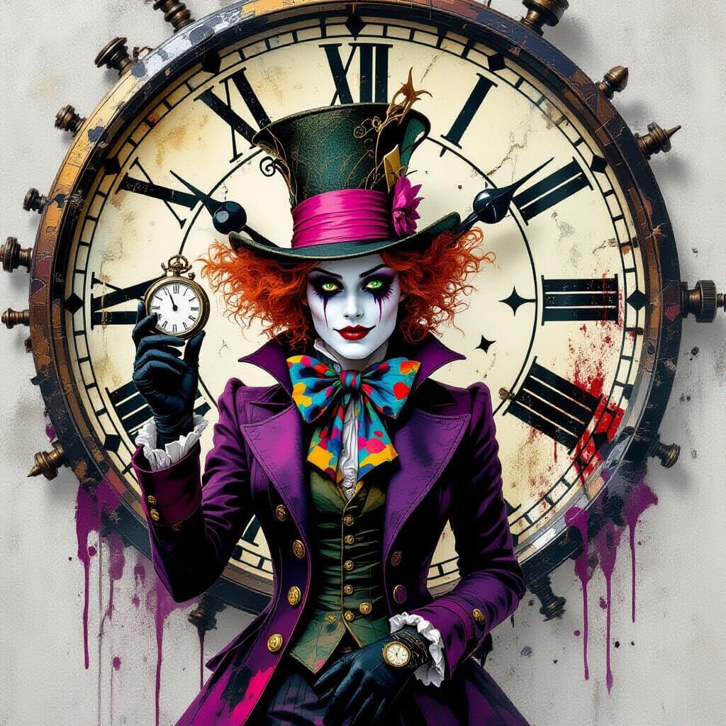 Mad Hatter Woman Amidst Shattered Clock