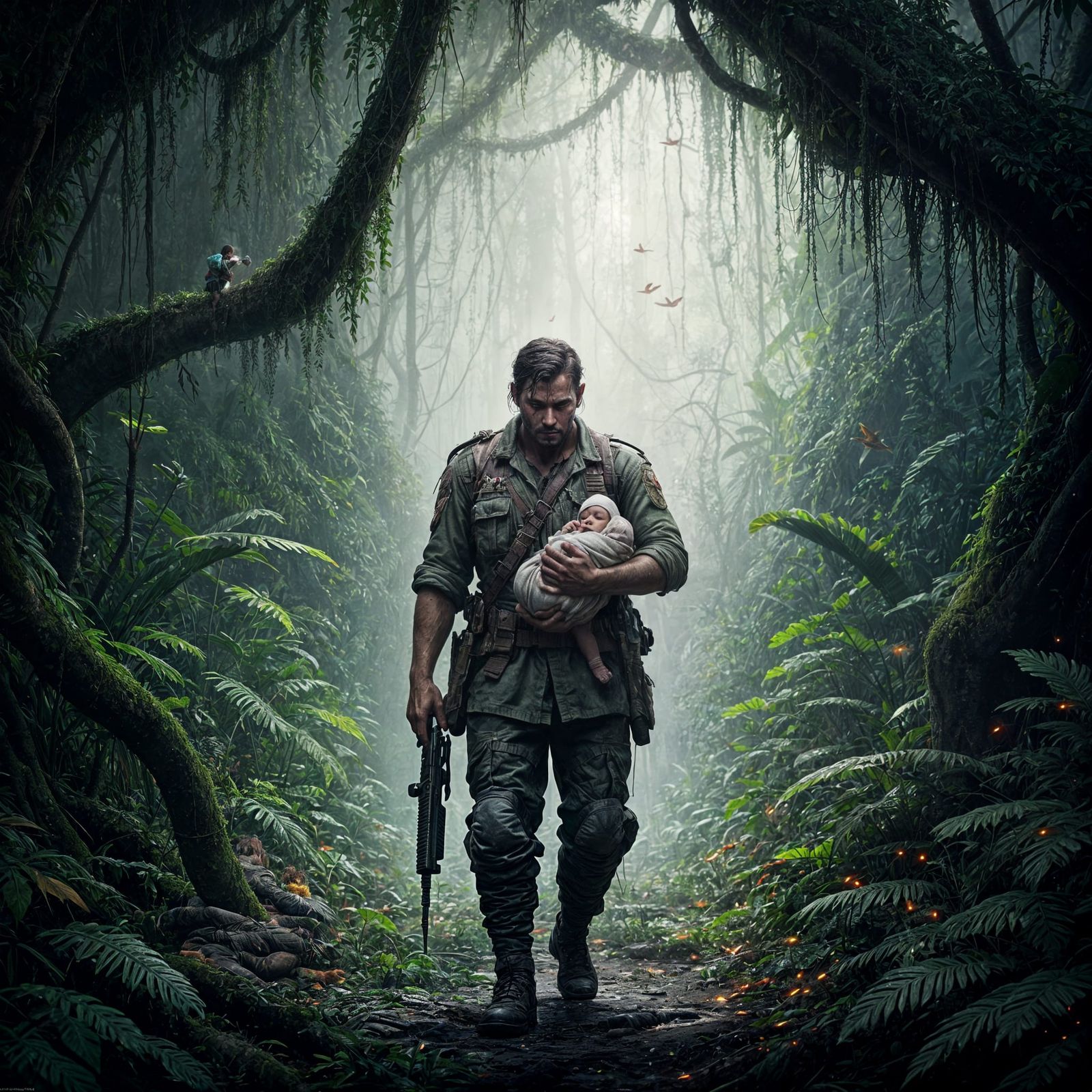 Wounded Soldier Carries Baby Through Vibrant Jungle