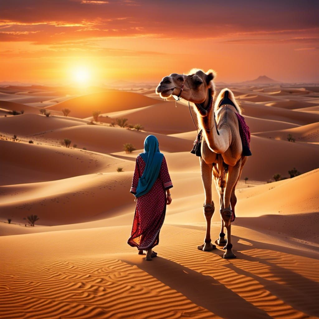 Desert Sunset: Woman and Camel in Oasis