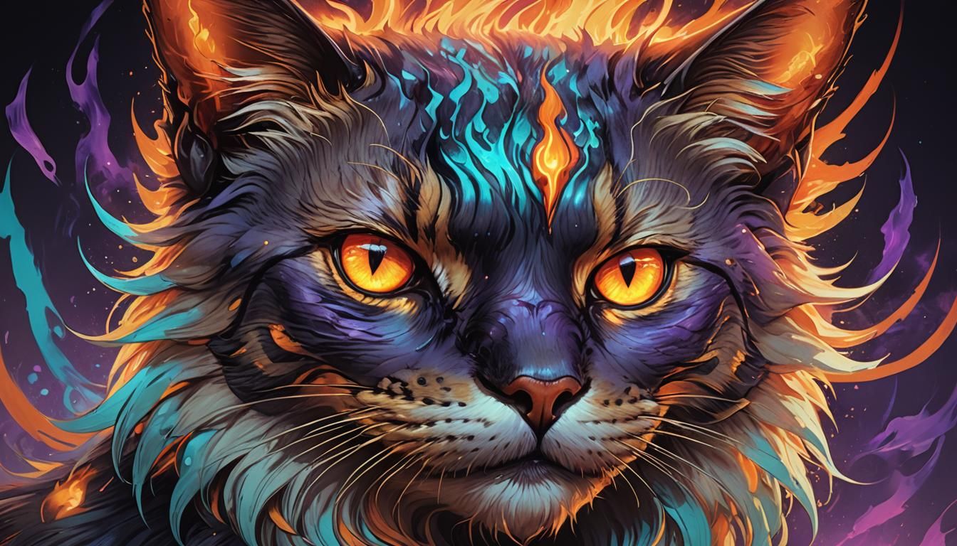 Demonic Cat Portrait with Fire Eyes in Anime Art