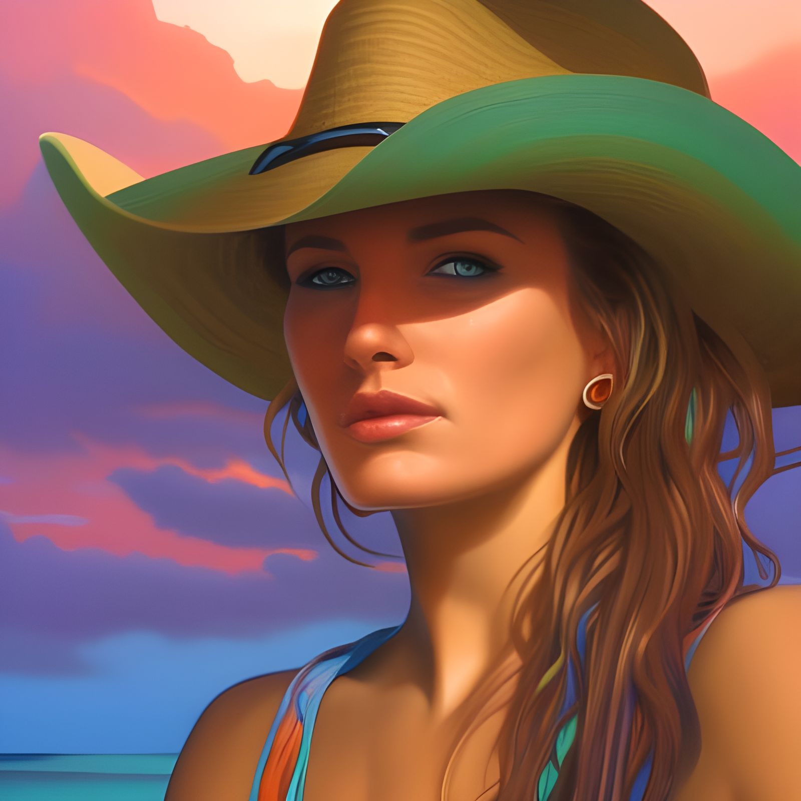 Cowgirl on Tropical Beach at Sunset, Detailed Portrait