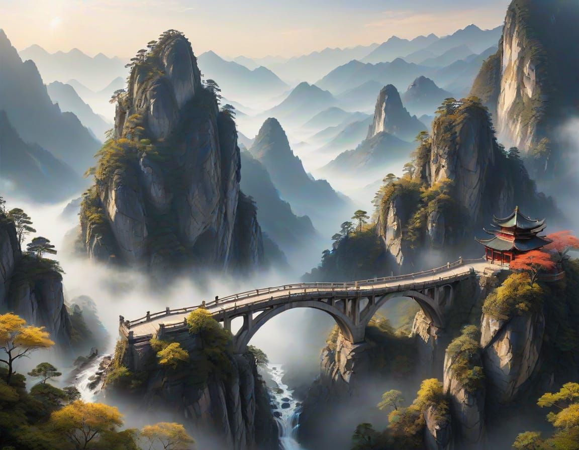 Ethereal Arch Bridge Amidst Majestic Mountains in Chinese La...