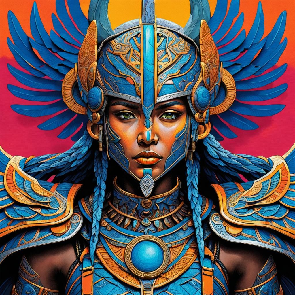 Detailed Valkyrie with Sharp Lines and Triadic Colors