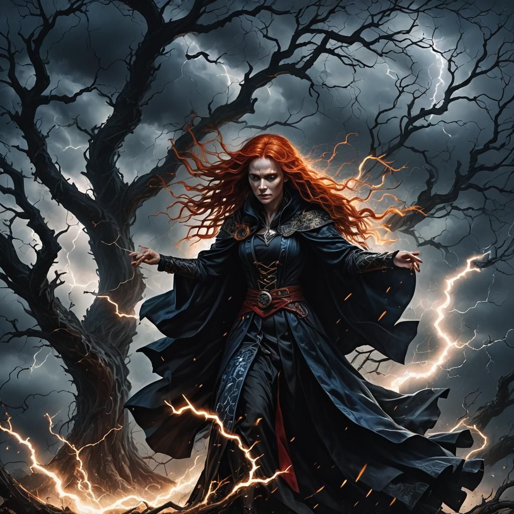 Lightning Witch Rises: A Dark Fantasy Illustration