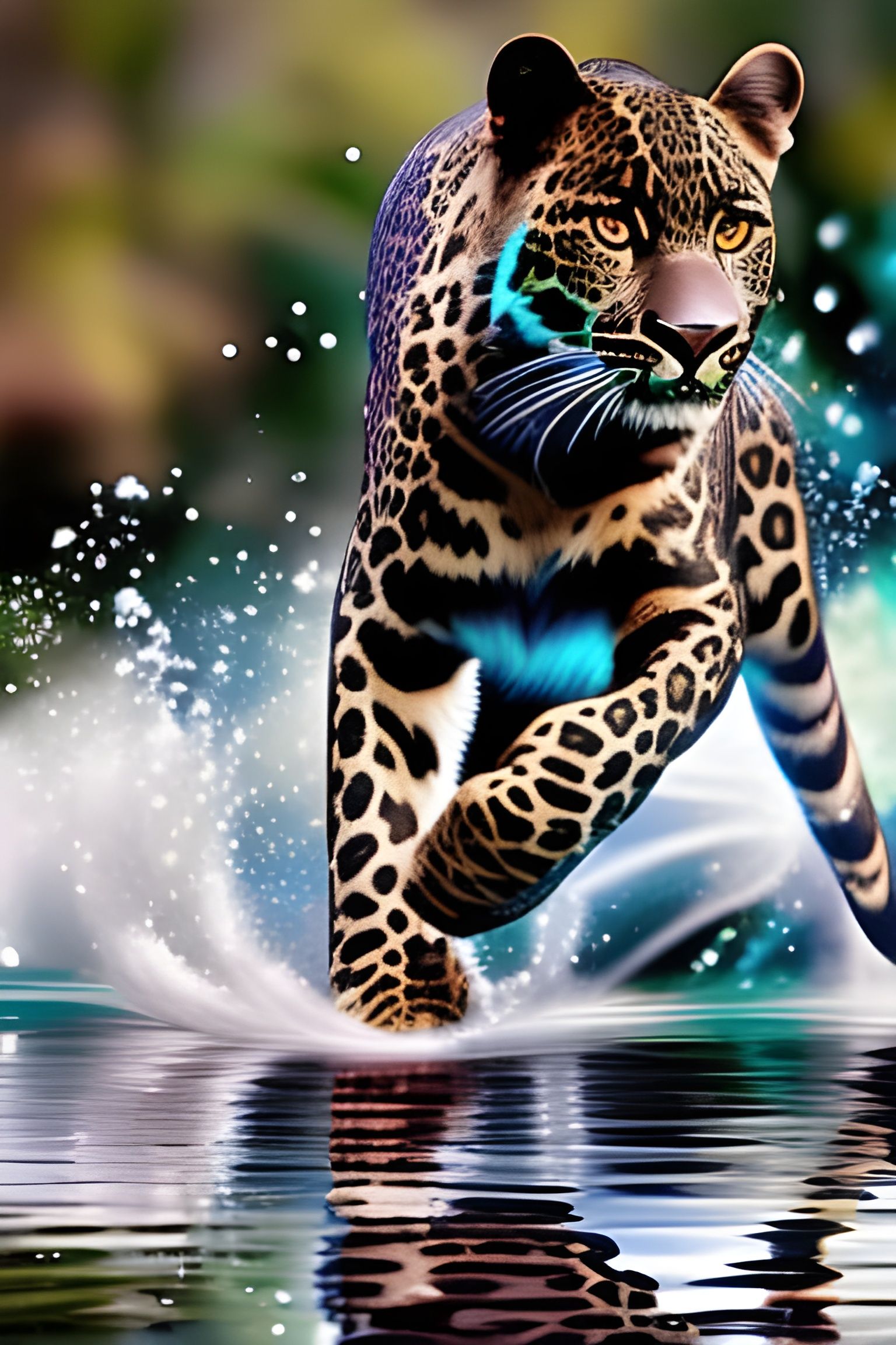 Black Leopard Runs Through Water: Airbrush Style