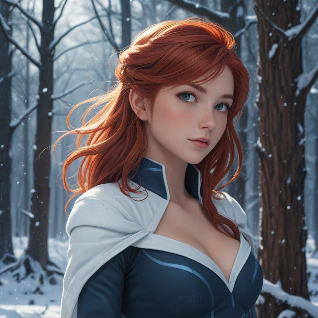 Surreal Redhead in a Snowy Forest Illuminated by Electrical....