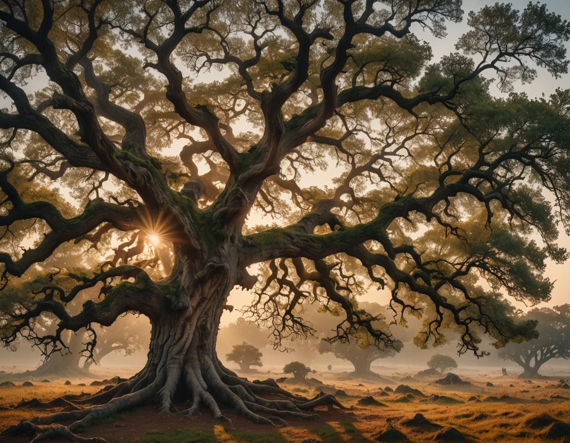 Majestic Oak Tree in Golden Light: Panoramic Oil Painting