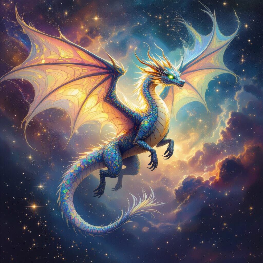 Celestial Dragon Soaring Through Nebula, Romanticism Style