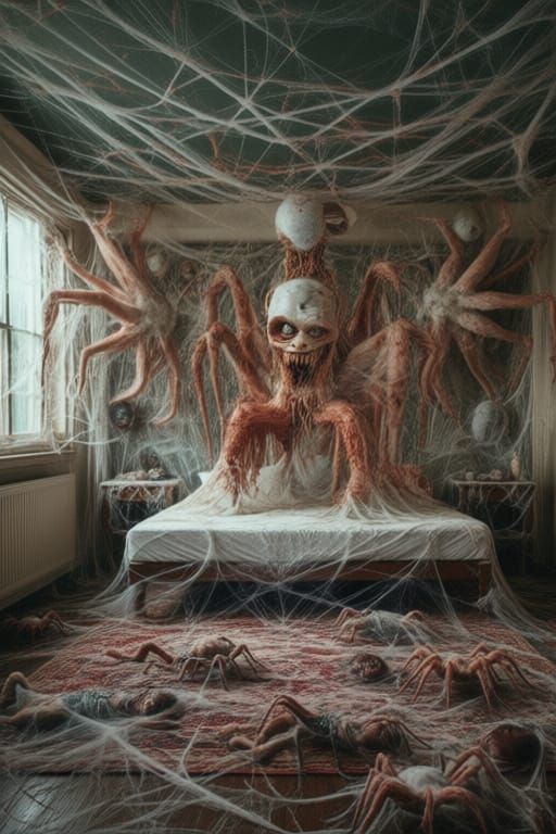 Horror Bedroom of Giant Spiders and Webs