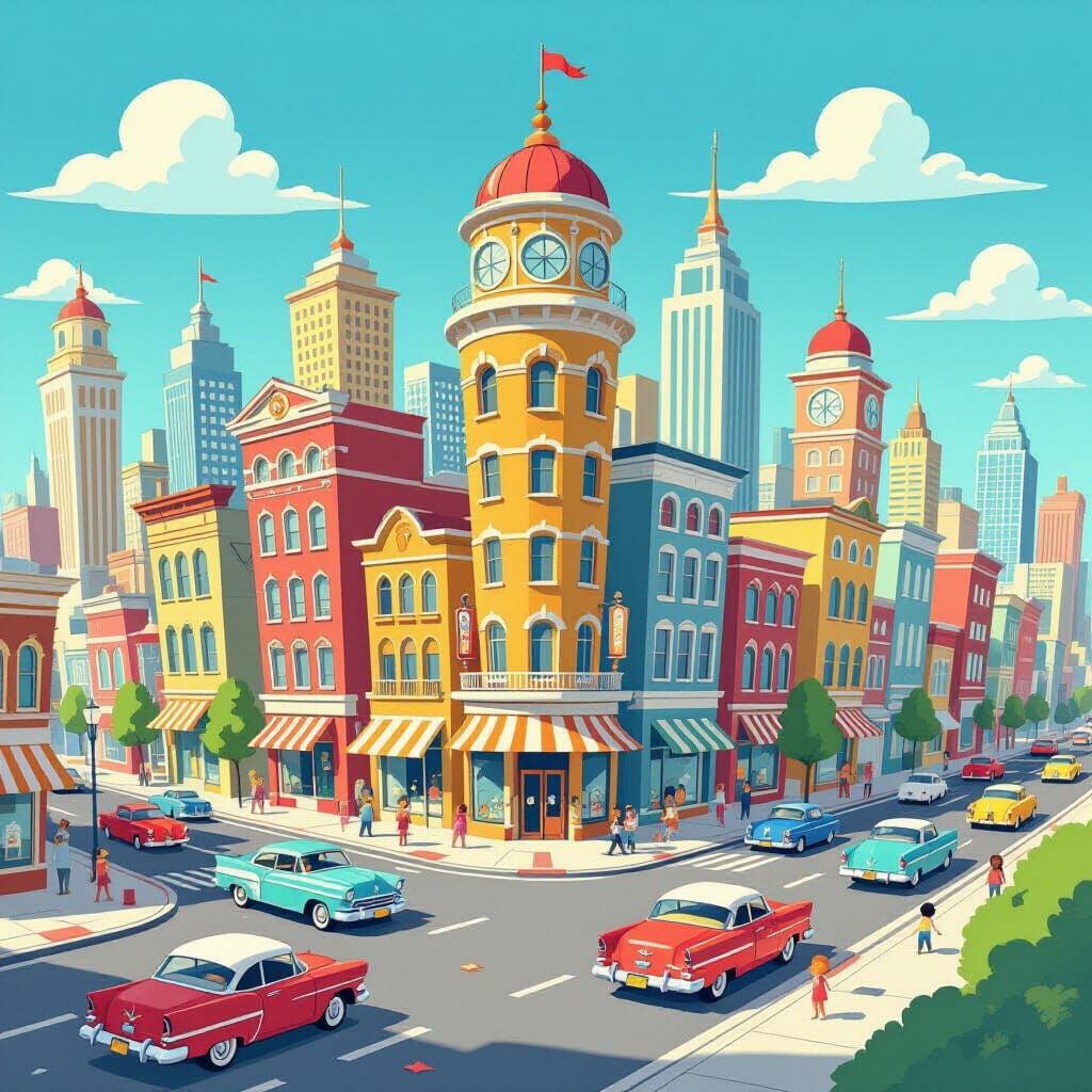 Retro Cartoon Cityscape in Hanna-Barbera Style