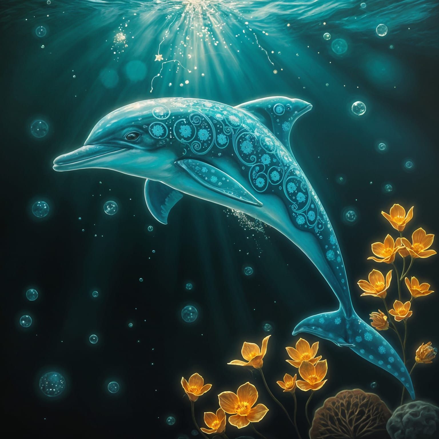 Bioluminescent Dolphin in a Glowing Underwater Fantasy