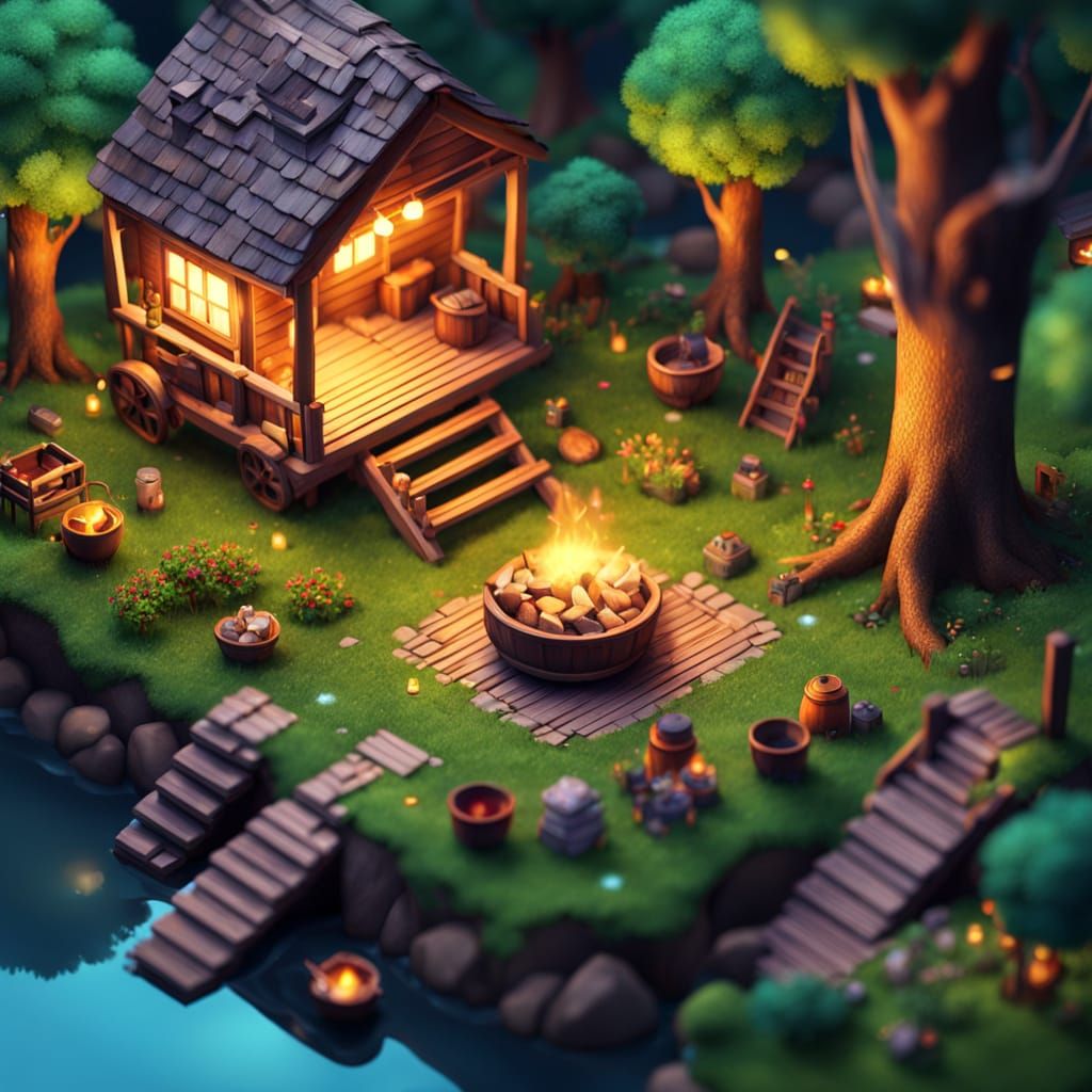 Isometric Goblin Village in Fantasy Landscape