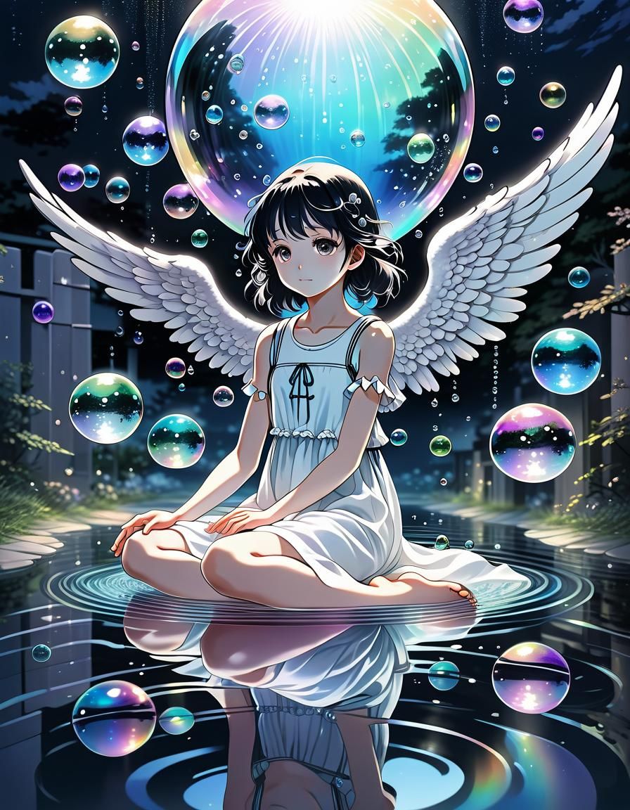 Black Angel in Iridescent Water Bubbles: Anime Style