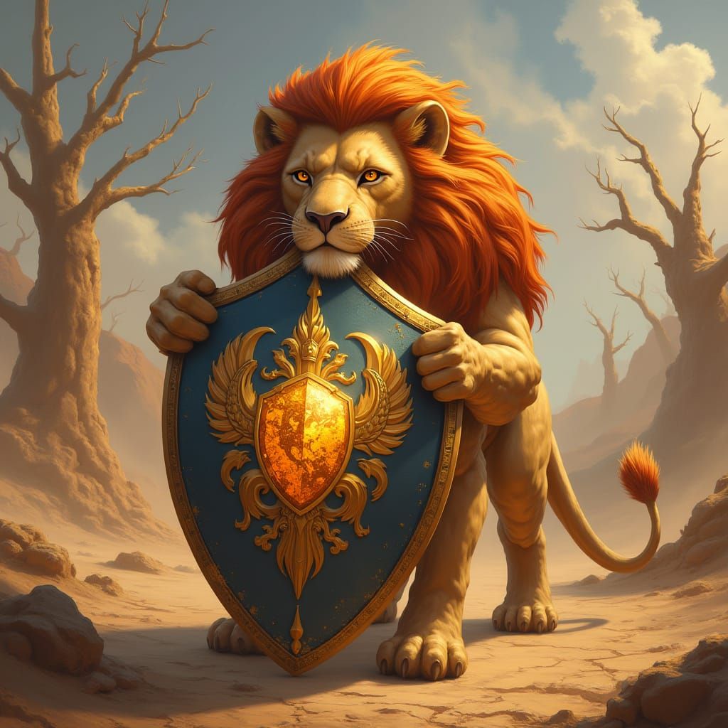 Regal Lion Grasps Majestic Shield on Arid Terrain