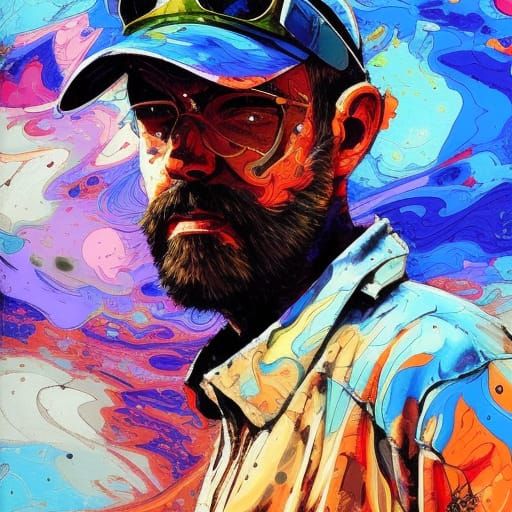 Pilot in Hat: Marbling and Oil Stained Illustration