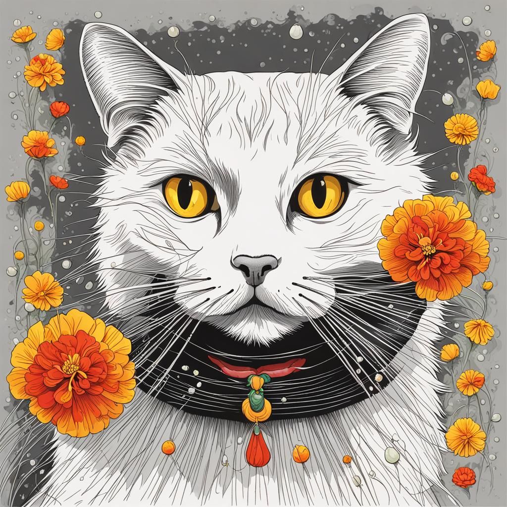 Cat with Marigolds and Dewdrops