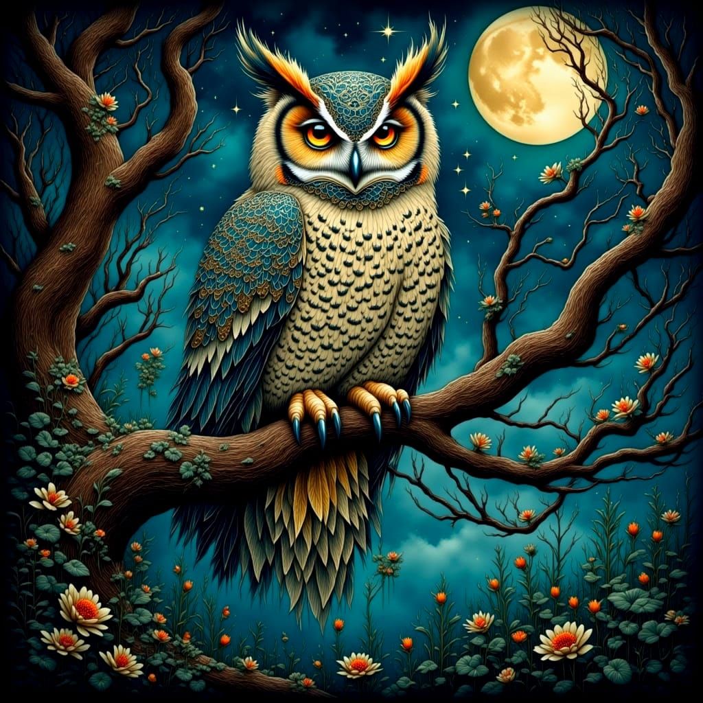 Art Nouveau Owl on Ancient Branch Under Starlit Sky