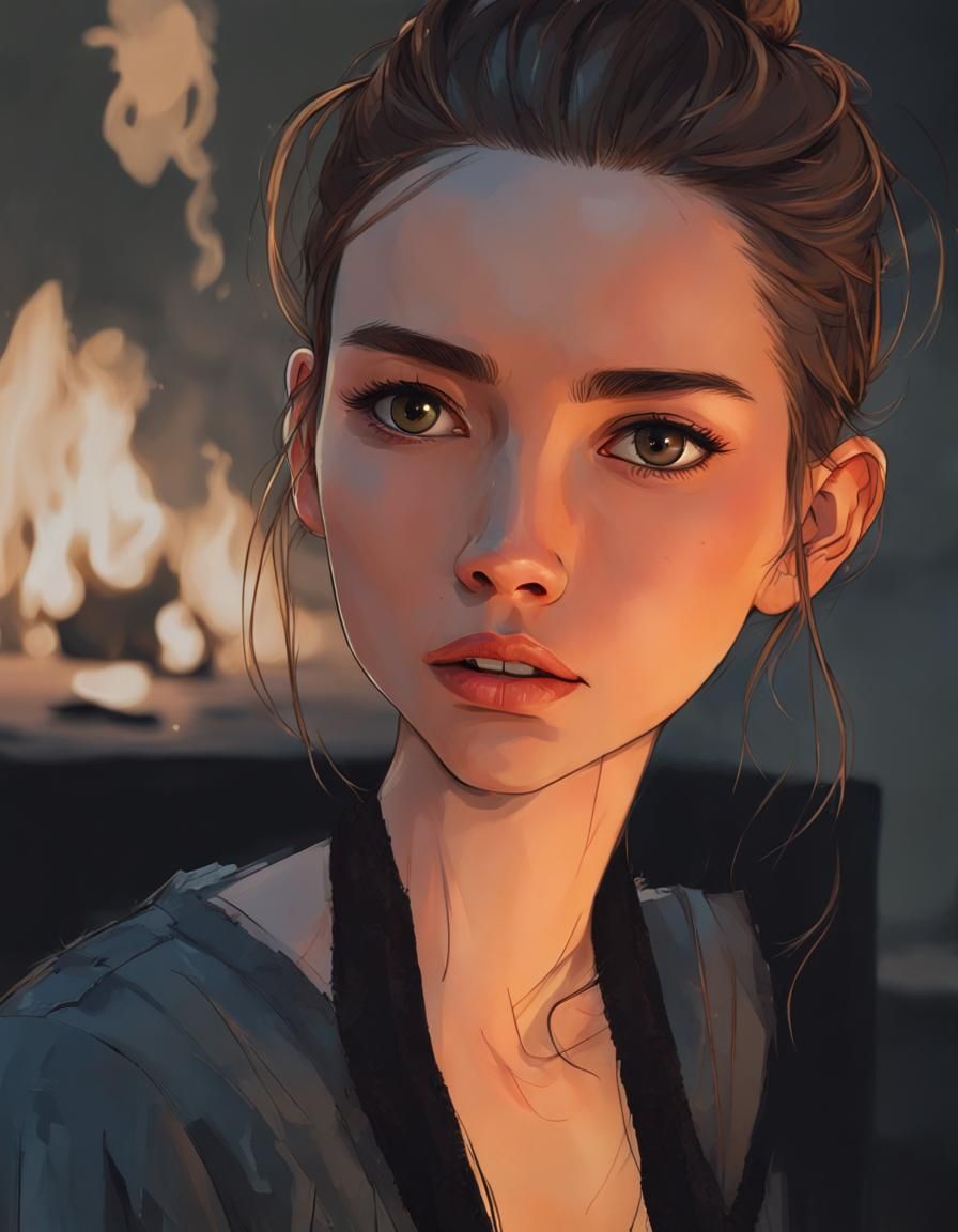 Expressive Portrait of Woman by Firelight