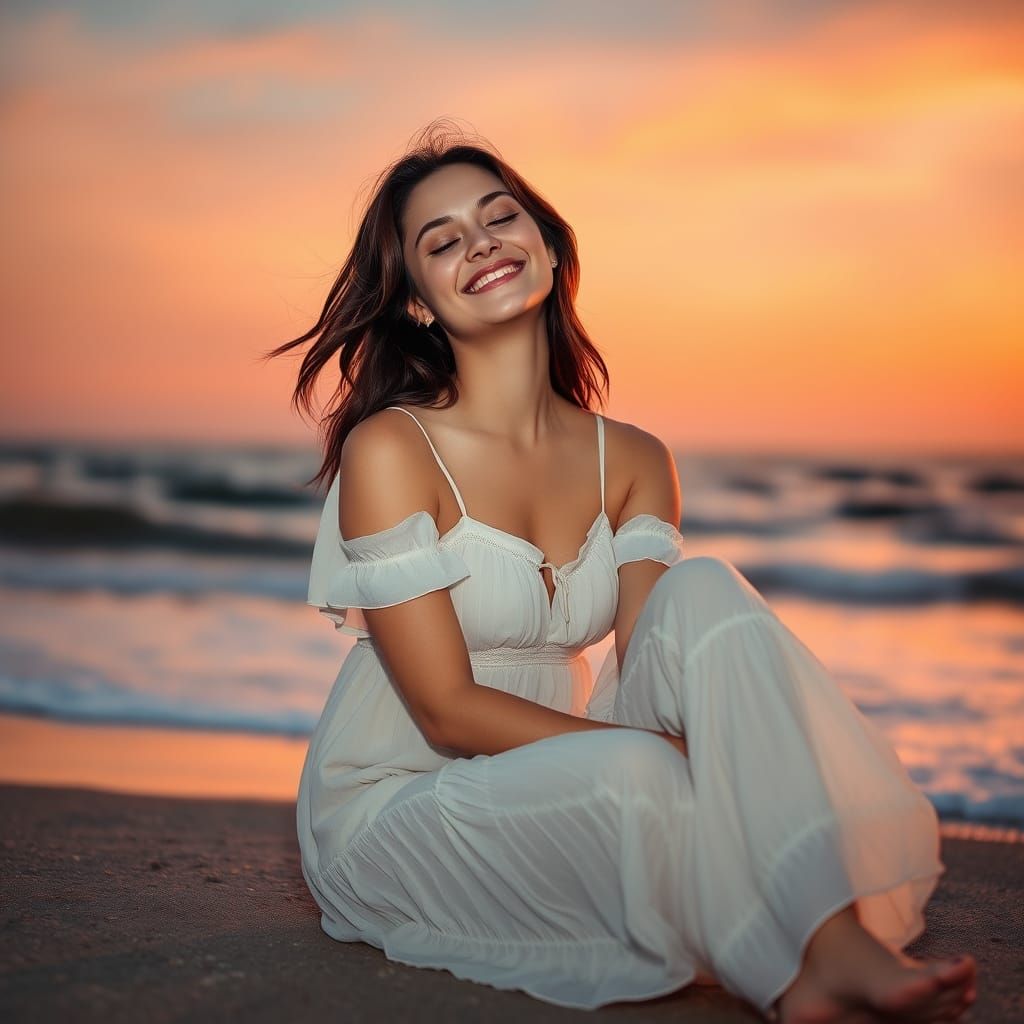 Woman Basking in Sunset Peace: Ethereal Fine Art