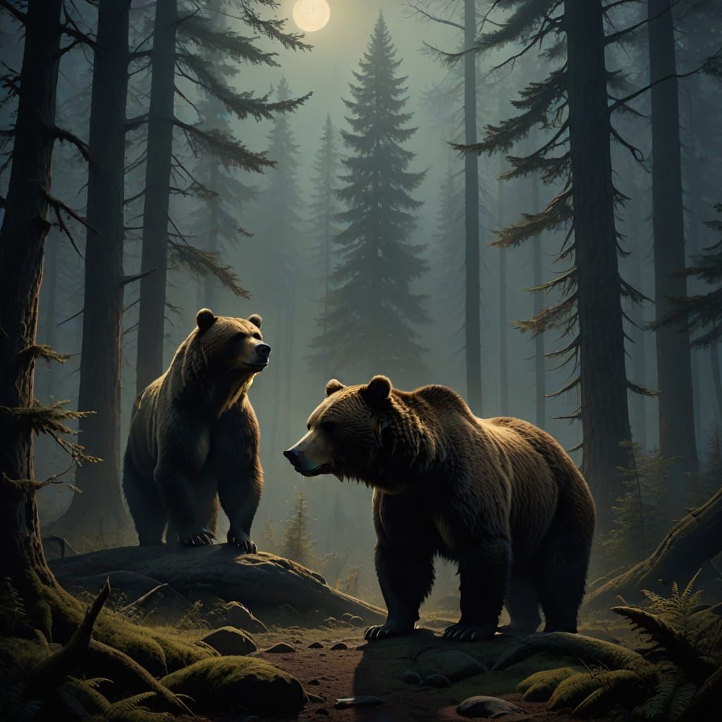Majestic Grizzly Bears in a Misty, Moonlit Forest