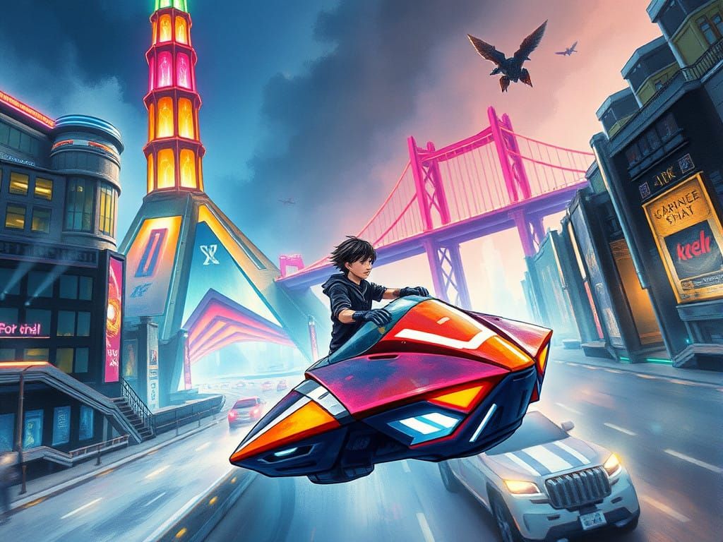 Surreal Futuristic Cityscape in Dark Fantasy Watercolor Styl...