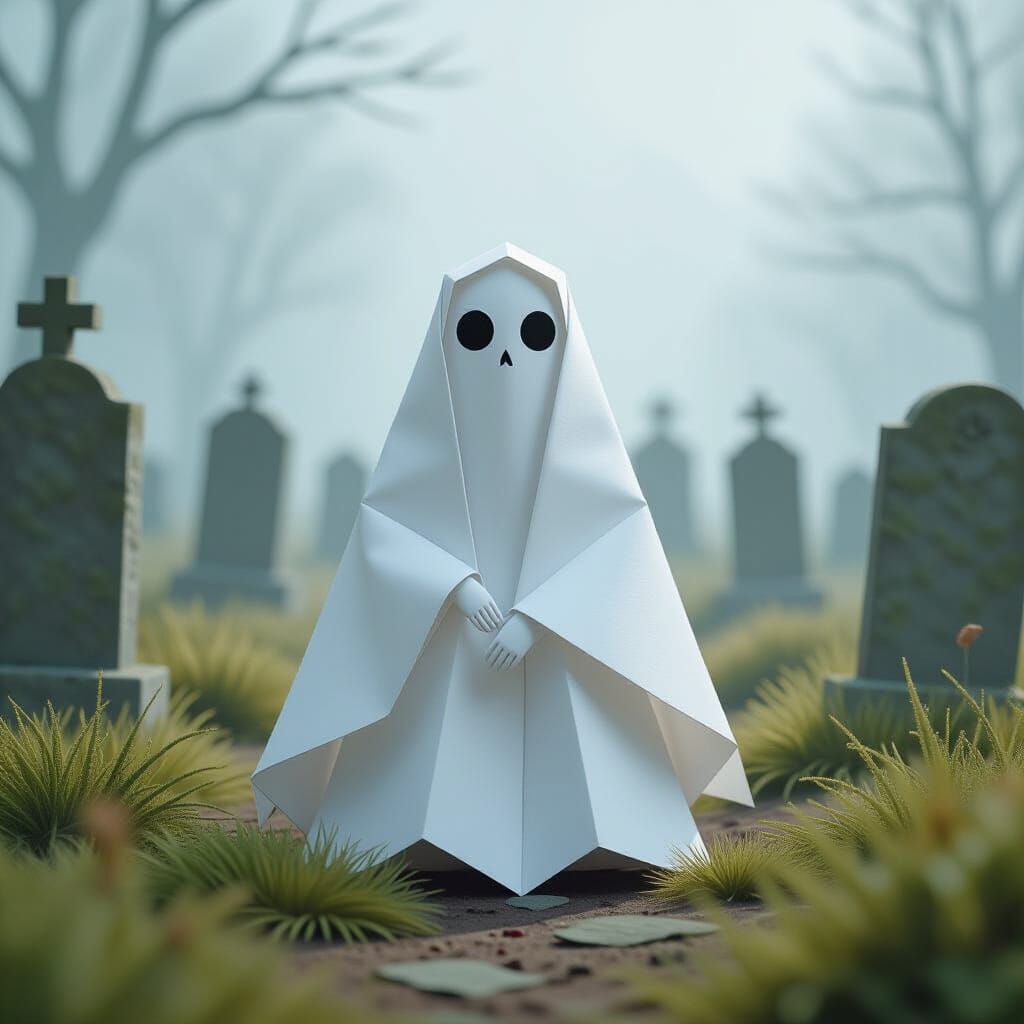 Origami Ghost in Graveyard with Papercraft Details