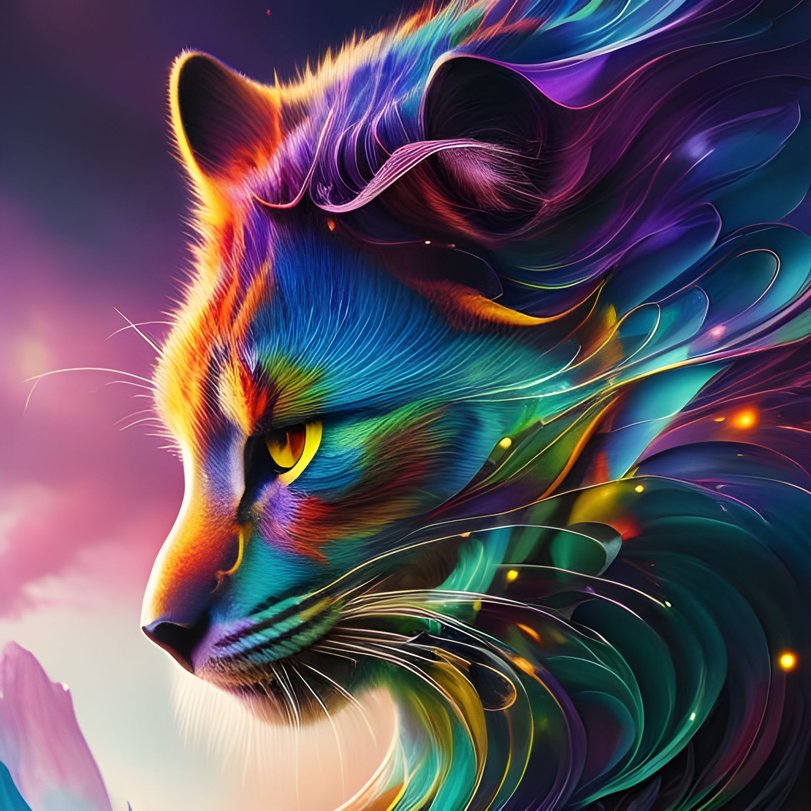 Colorful Lion Head in Ink Flow Style