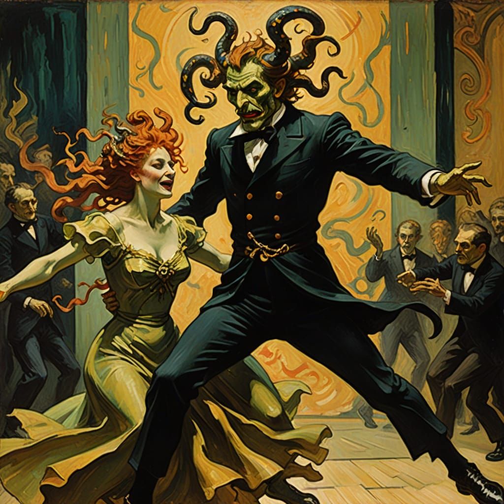 Pazuzu and Medusa Dancing in Lautrec Style