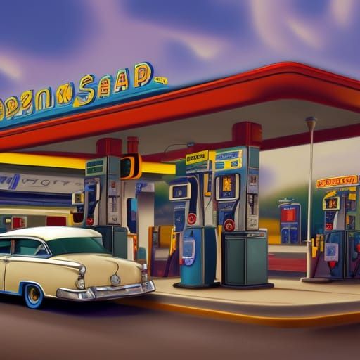 1950s Gas Station in Detailed Matte Painting Style