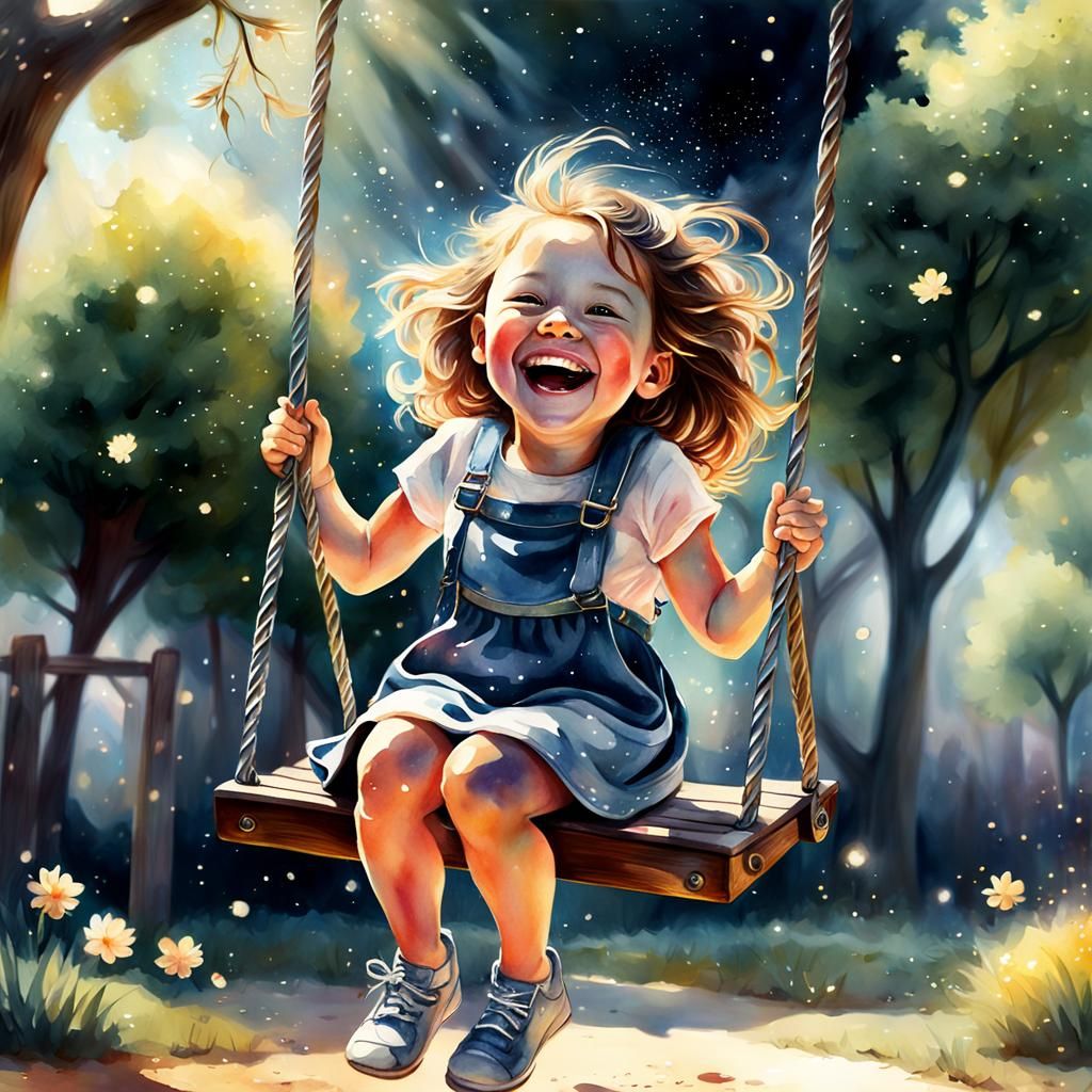 Laughing Girl on a Swing: Watercolor Spring Art