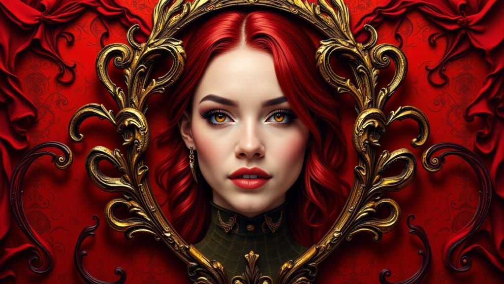 Rococo 3D Portrait with Gold and Red Calligraphy