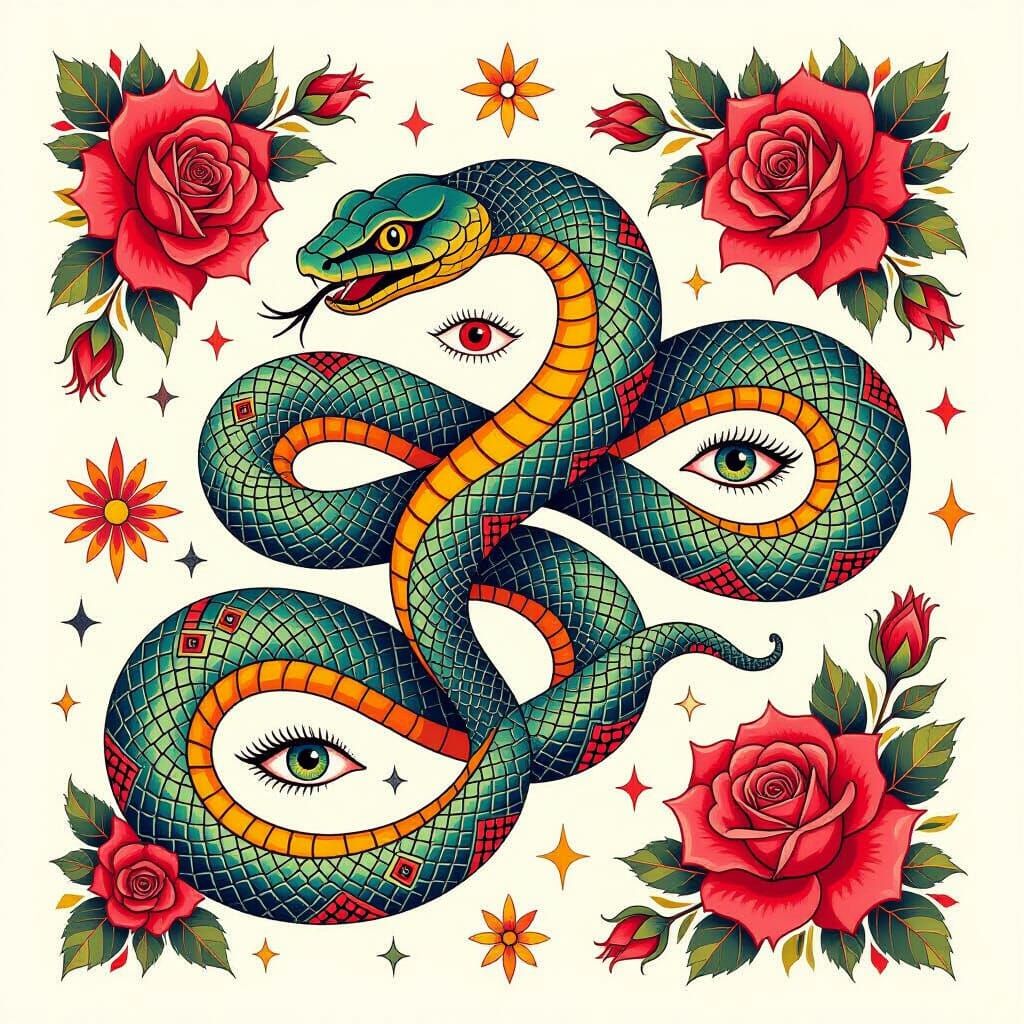Vibrant Tattoo Designs: Snakes, Roses, and Eyes in Gouache S...