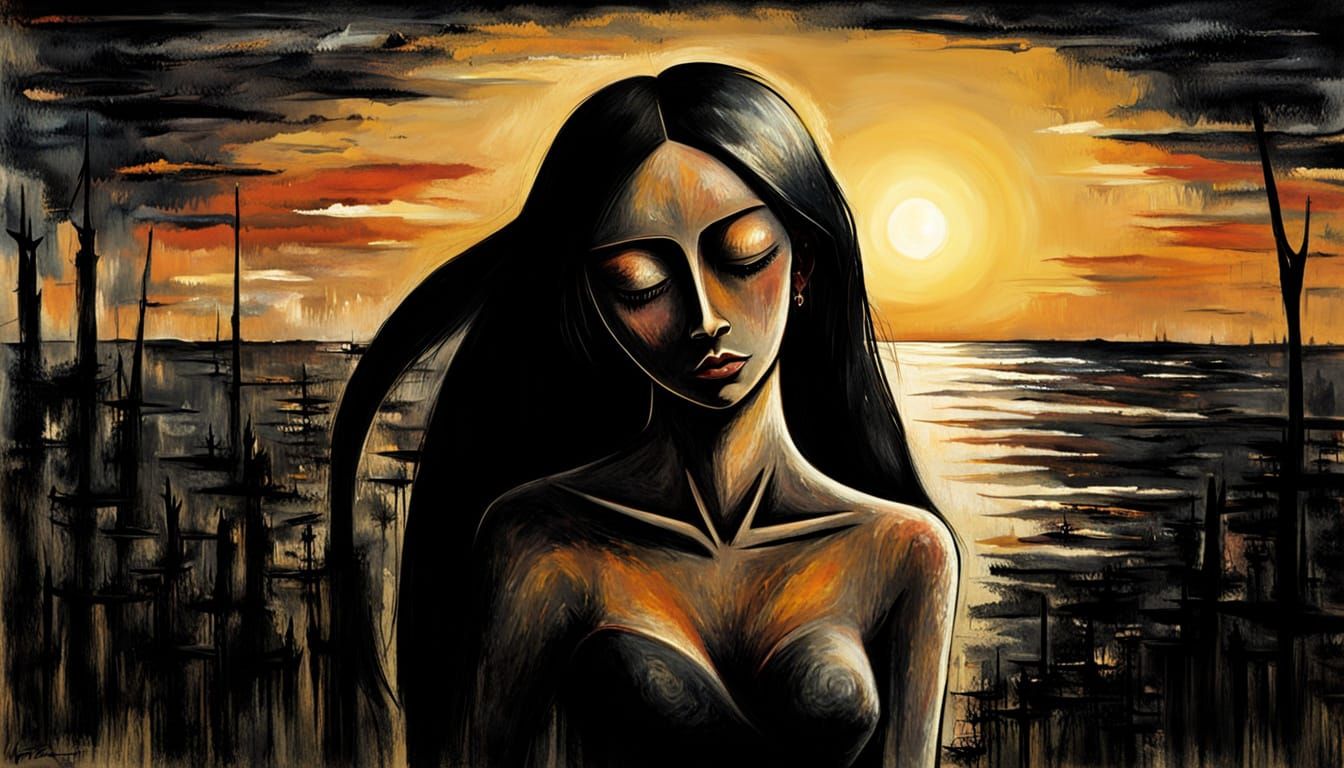 Sad Weeping Woman at Sunset, Chiaroscuro Lighting
