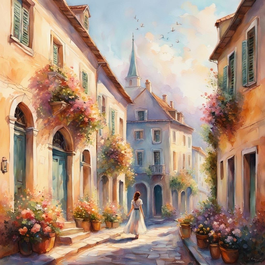 Woman Walks Down Charming Street in Impressionist Style